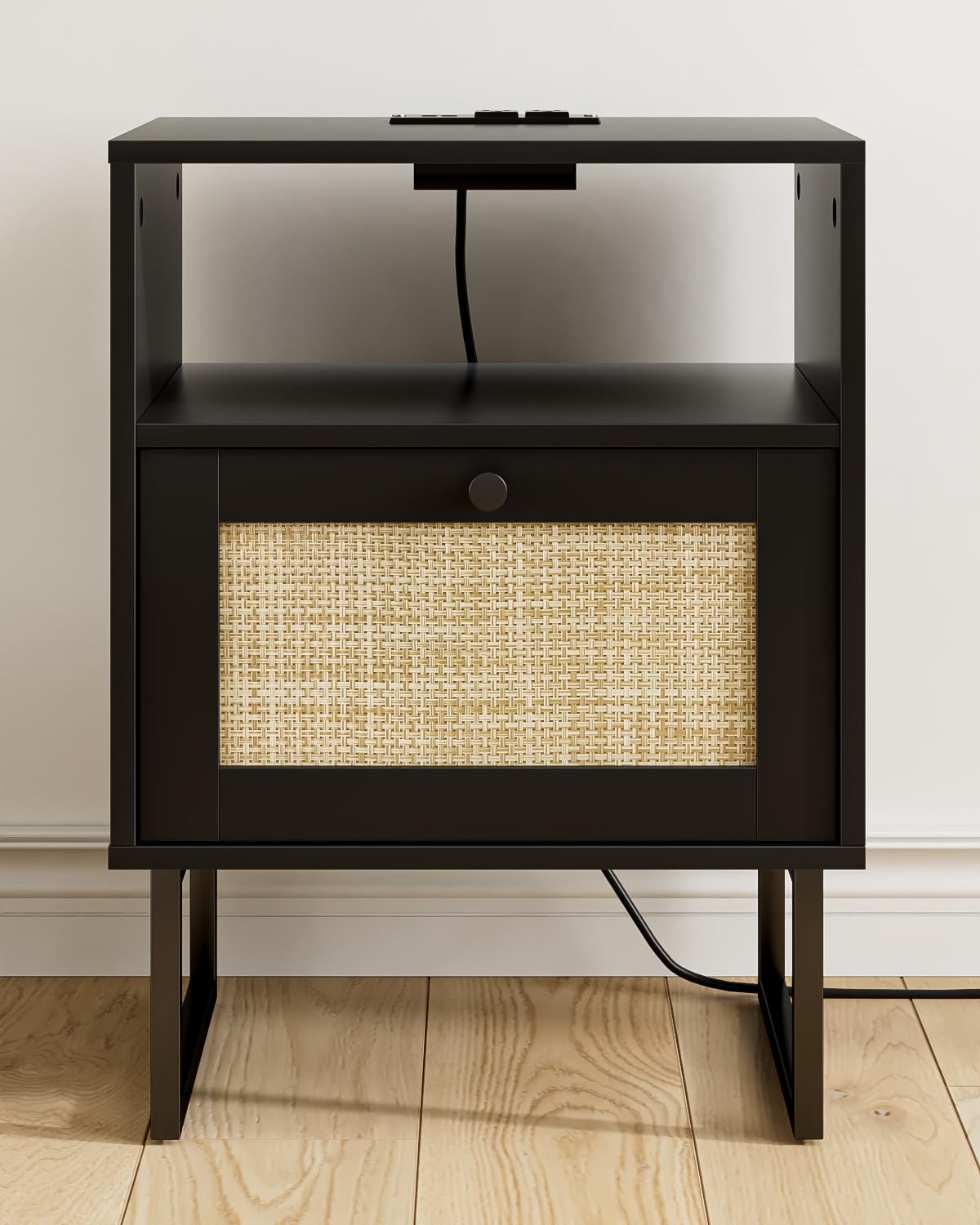 Apetaccat Rattan Nightstand with Charging Station, Boho Night Stand Farmhouse Wood Bedside Table with Storage and Open Shelf, End Side Accent Table for Bedroom,Living Room,Black