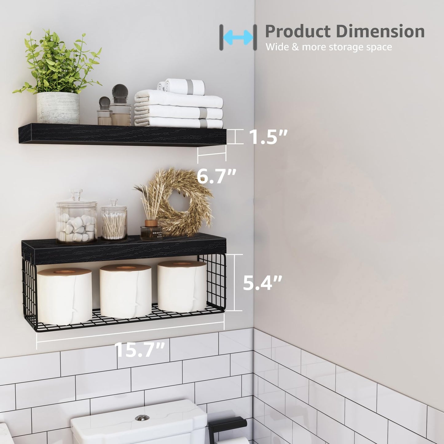QEEIG Bathroom Shelves Over Toilet - Wall Mounted Floating Shelves Toilet Paper Storage Small Farmhouse Decor Shelf 16 inch Set of 2, Black (019-B2)