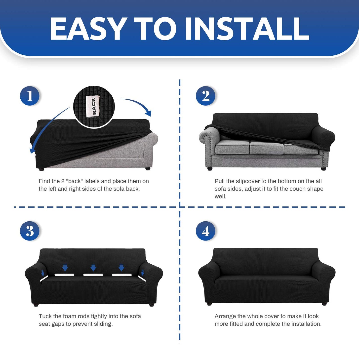KEKUOU Stretch Loveseat Sofa Cover Slipcover,Couch Covers for 2 Cushion Couch Sofa (55"-78") Furniture Protector Sofa with Elastic Bottom for Kids,Dog. Jacquard Small Checked (Medium,Black)