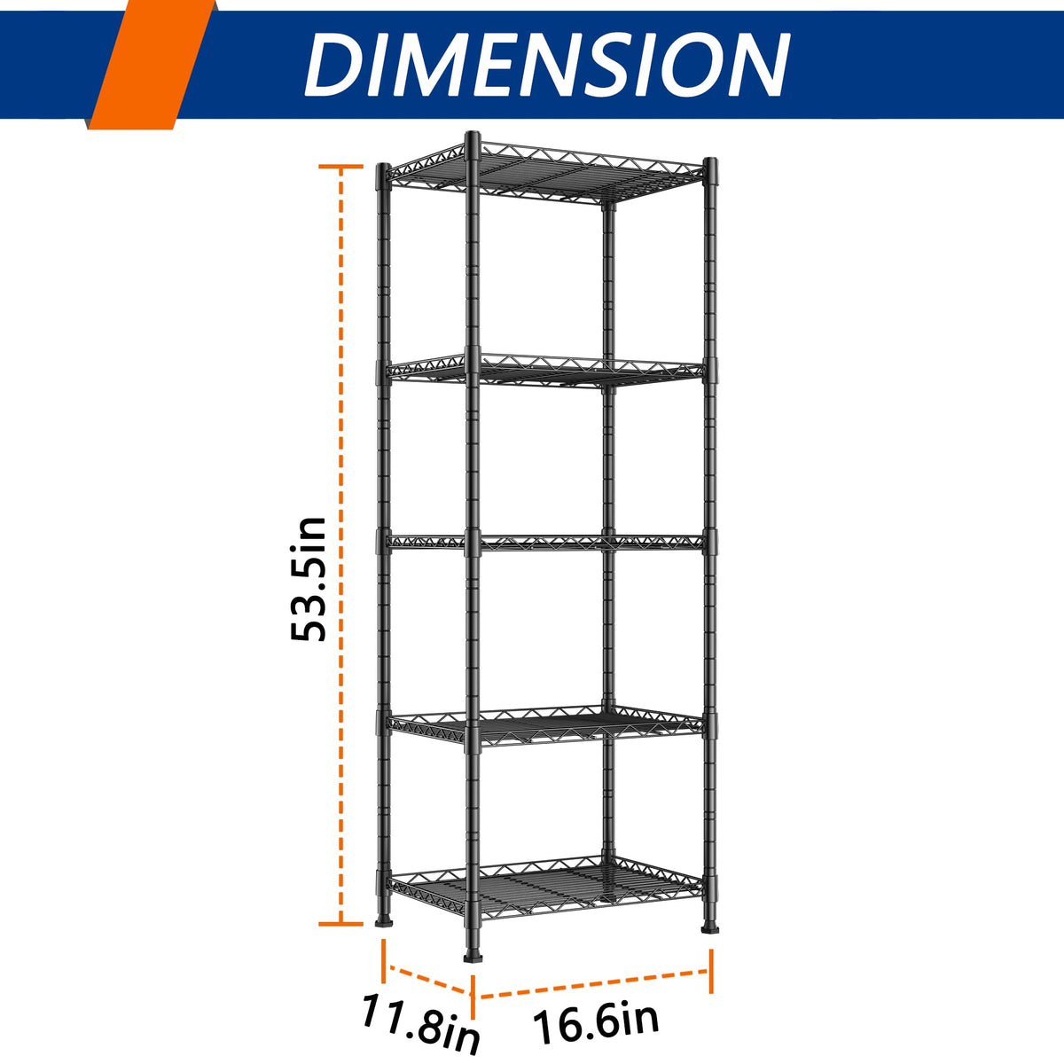 REGILLER 5-Wire Shelving Metal Storage Rack Adjustable Shelves,Standing Storage Shelf Units for Laundry Bathroom Kitchen Pantry Closet(Black,11.8" D x 16.6" W x 53.5" H)