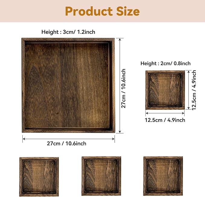 5-Piece Rustic Wooden Serving Tray Set, Handcrafted Nesting Trays
