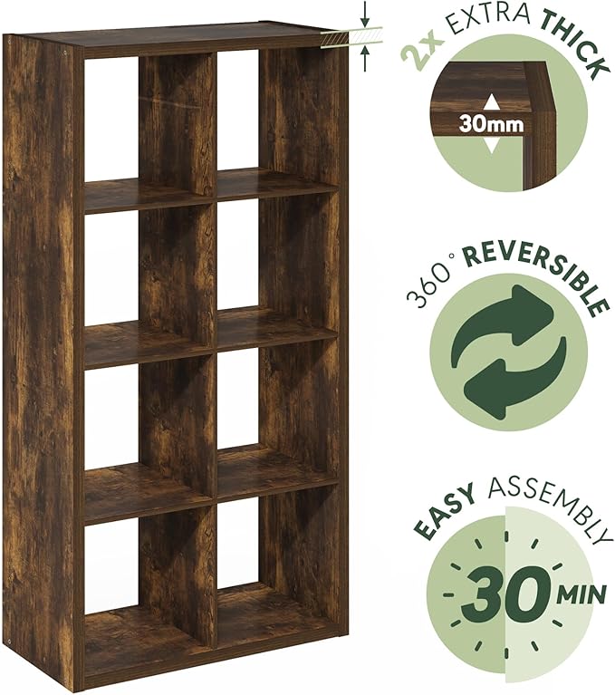 Furinno Cubicle Book Shelf, 8-Cube Bookshelf, Extra Thick Frame Horizontally &