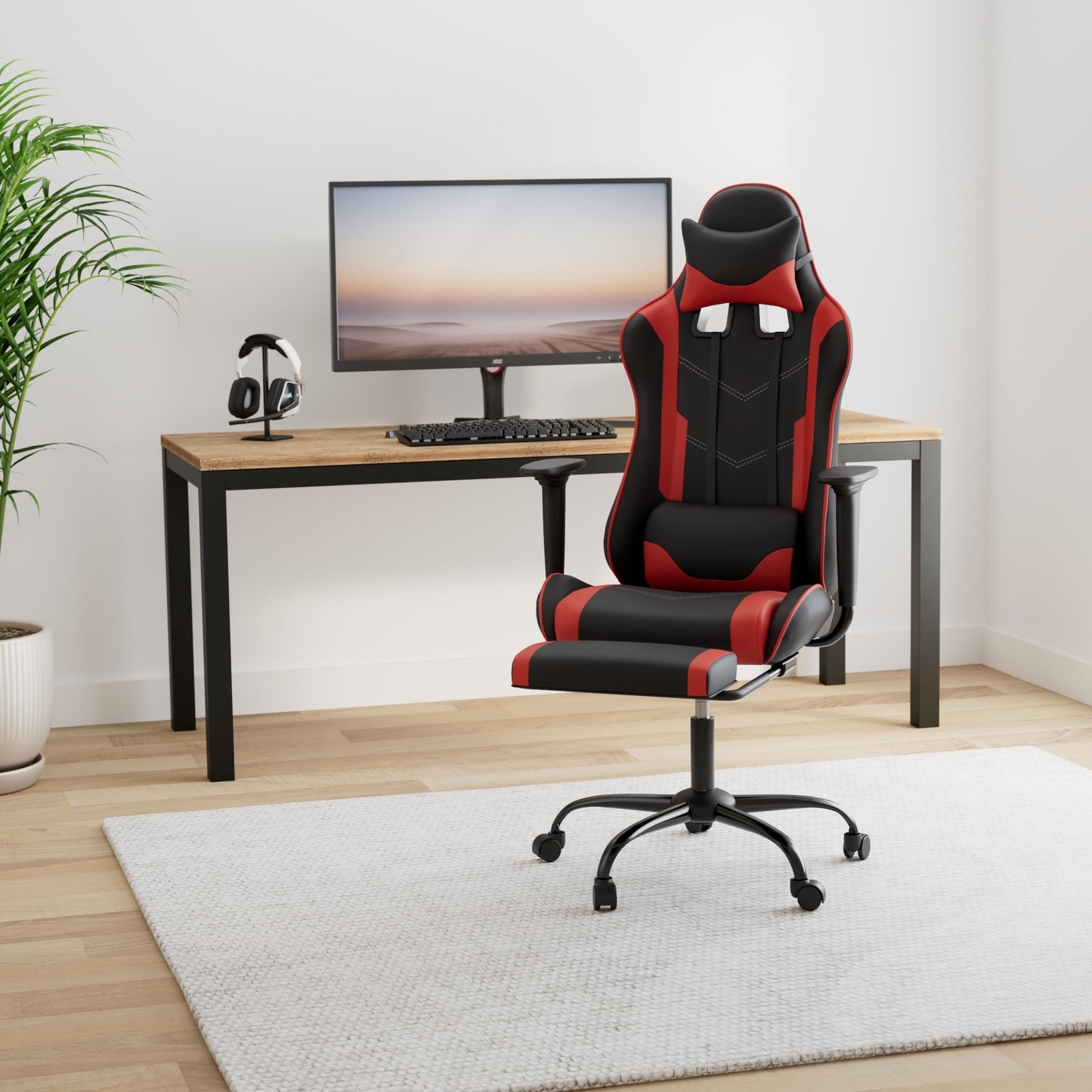 BestOffice | Ergonomic Gaming Chair | Red | Reclining Computer Chair with Lumbar Support, Headrest Pillow, Adjustable Footrests | 360 Swivel with Heavy Duty Wheels | for Home & Office