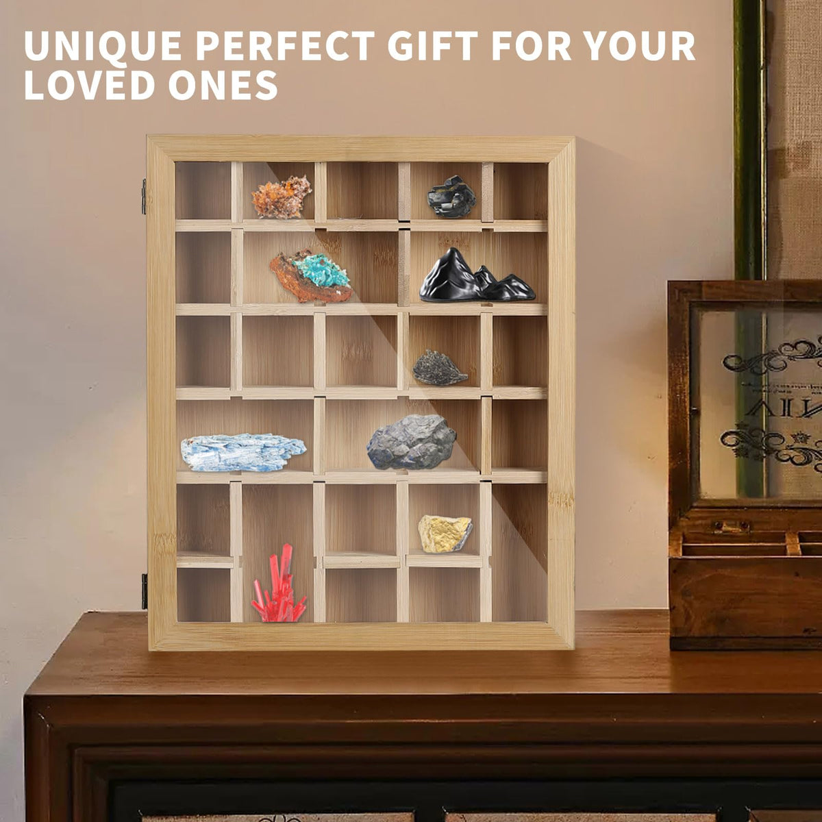 AUTOARK Adjustable Rock Display Case,Bamboo Crystal Organizer for Stones Storage,Suitable for Displaying and Storing Various,AHK-054