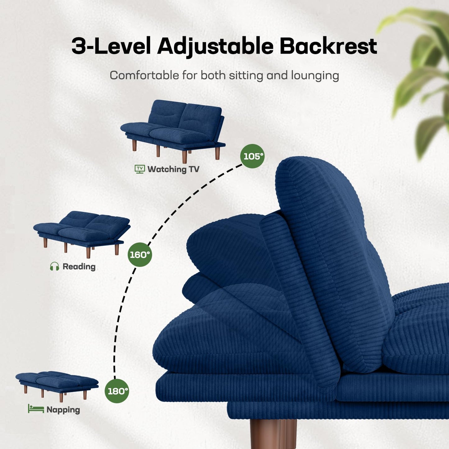Marsail 66" Futon Sofa Bed, Convertible Corduroy Futon Couch with Adjustable Backrest & Armrests, Small Sleeper Sofa Loveseat for Living Room, Apartment, Blue