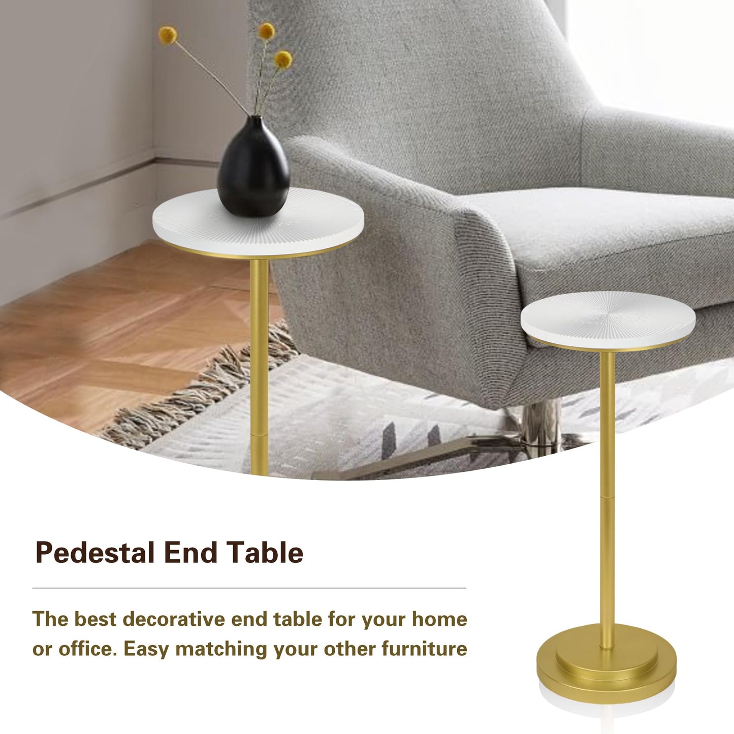 COVLON Drink Table, Carved Table Top Small Pdestal Martini SideTable for Living Room, Bedroom, Modern, Weighted Base, White and Gold