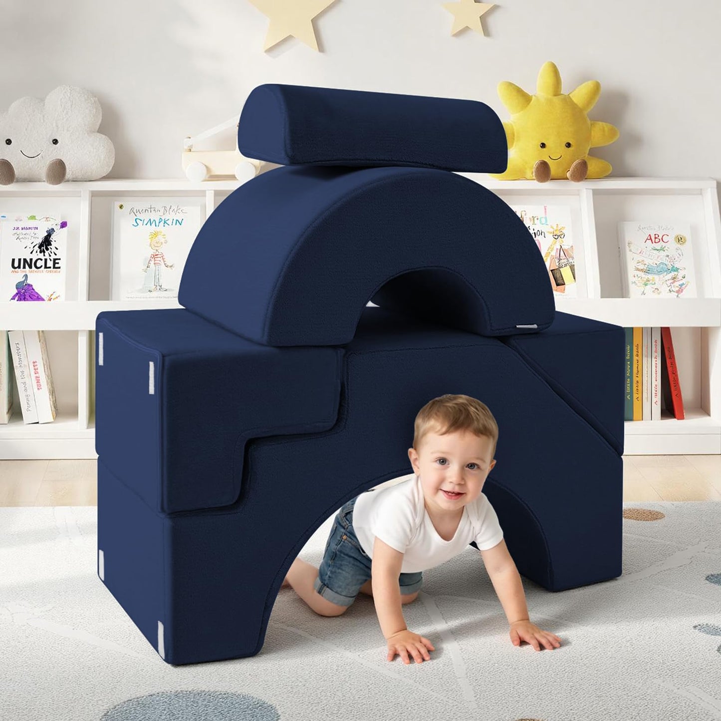 MeMoreCool Modular Kids Sofa, Foam Couch Sofa with Slide & Stair Design, Convertible Kids Couch for Playroom, Sectional Child Furniture for Bedroom Living Room, Navy