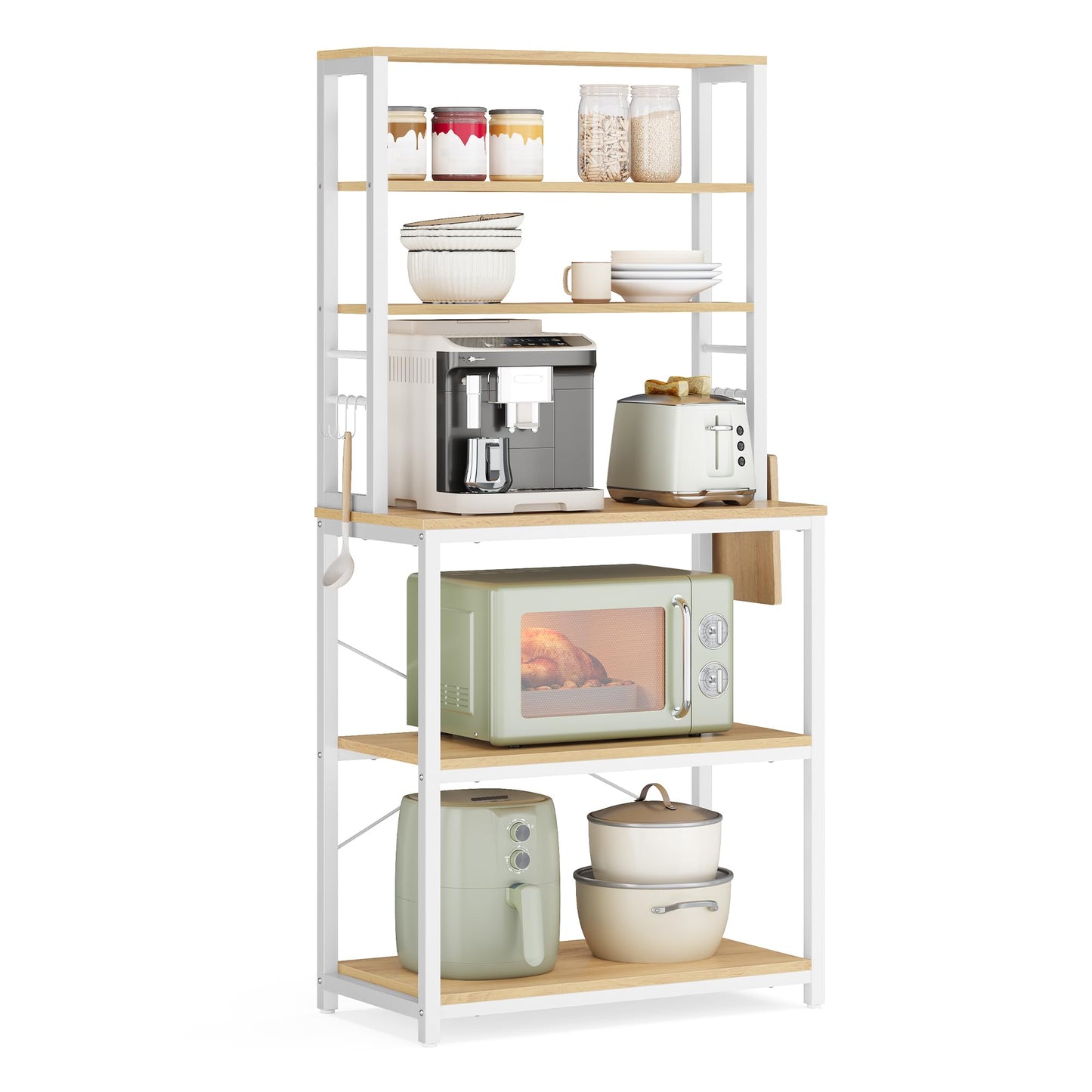 VASAGLE Coffee Bar, 23.6 Inches Baker's Rack for Kitchen with Storage, 6-Tier Kitchen Shelves with 6 Hooks, Microwave Stand, Modern, Golden Oak and Cloud White UKKS024W09