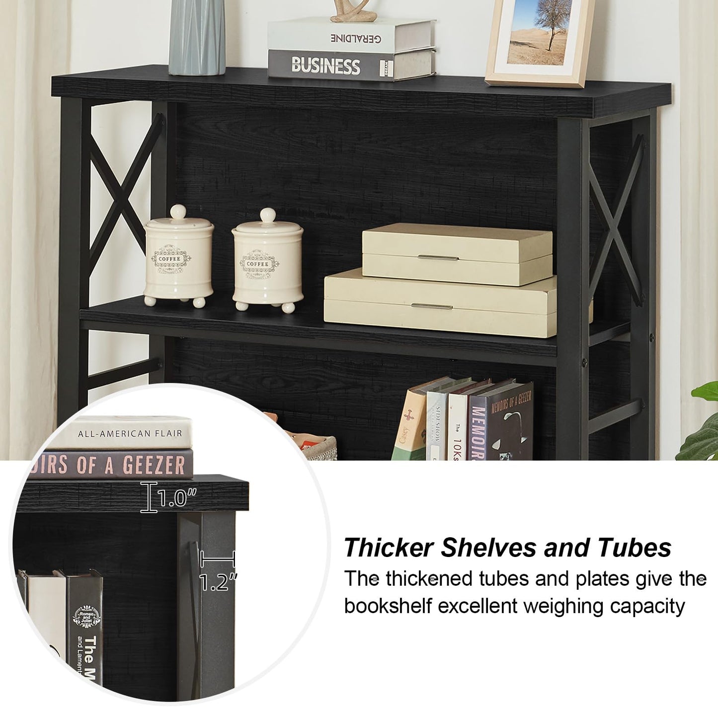 HOMBAZAAR 3-Tier Small Bookshelf, 35.4 Inch Short Book Shelf with Sturdy Metal Frame & Wood Shelves, Black Industrial Bookcase for Living Room, Bedroom, Office