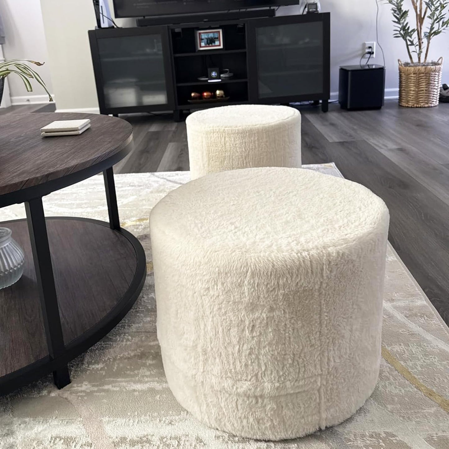 Tiita Round Stuffed Pouf Ottoman, Plush Poufs with Foam Chunk Filling, Foot Rest Stool for Living Room, Cream