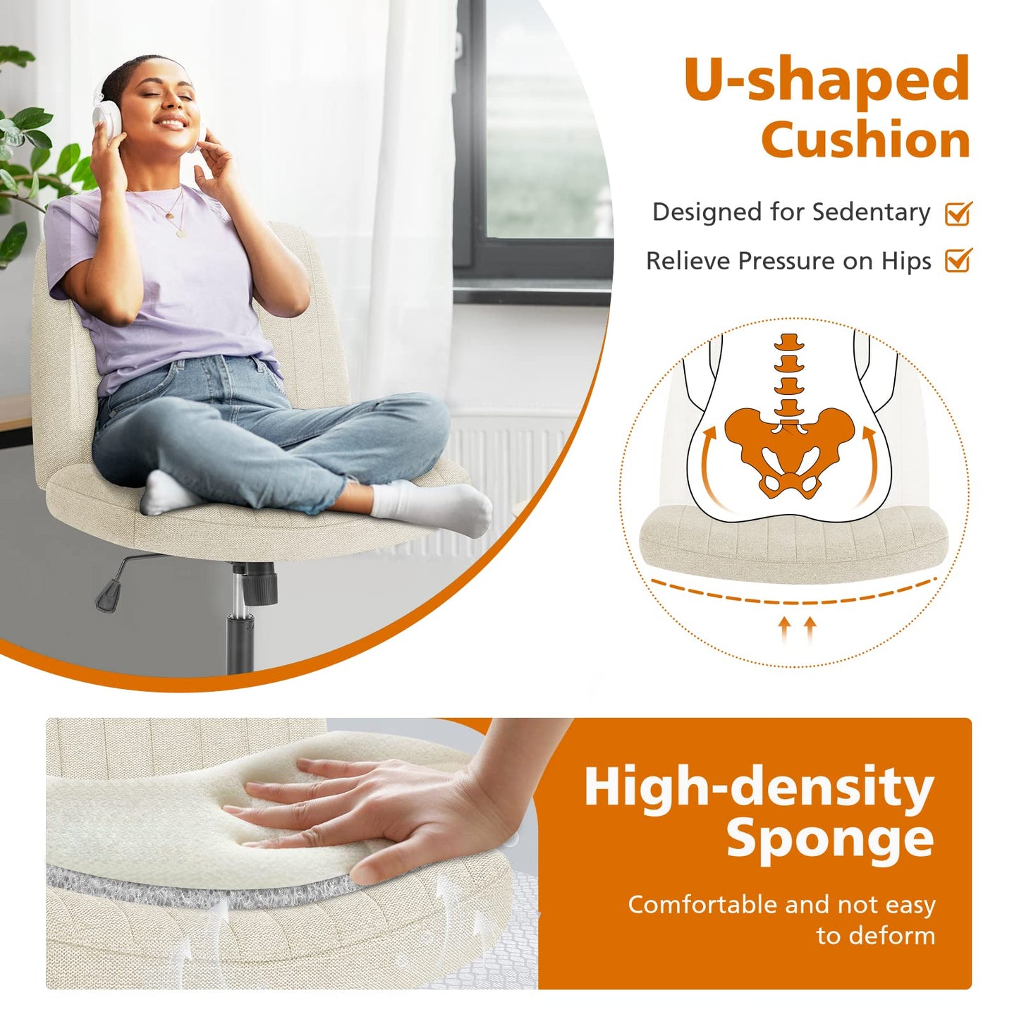 Sweetcrispy Criss Cross Chair Legged, Armless Office Swivel Desk Chair No Wheels, Vanity Height Adjustable Wide Seat Comfy Cute Computer Task Seating for Home Bedroom
