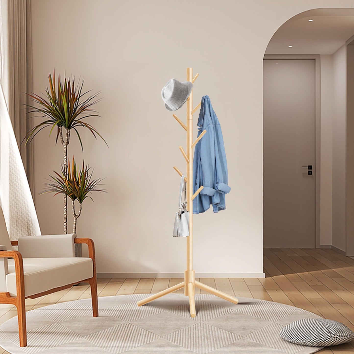 Unisakey Durable Wooden Coat Rack, Freestanding Coat Rack with Stable Triangular Base, 8 Hooks & 3 Adjustable Heights, Simple Assembly for Bedroom, Hallway, Office(New Nature)