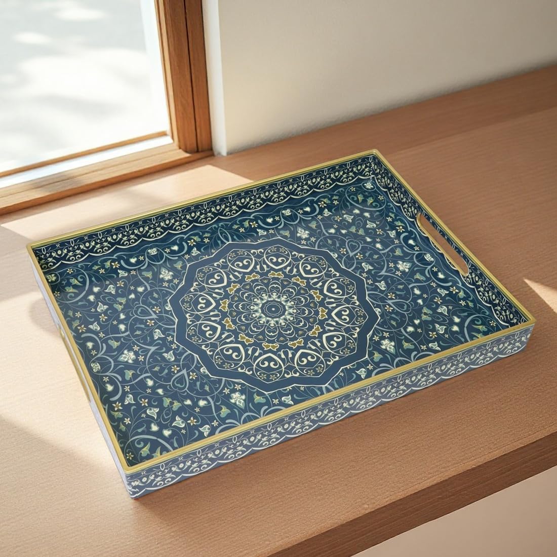 Umisriro Decorative Tray, Blue Serving Tray with Handles, Ottoman Trays, Plastic Coffee Table Tray for Living Room, Bathroom, Kitchen, Decor, 15.7”*11.8”