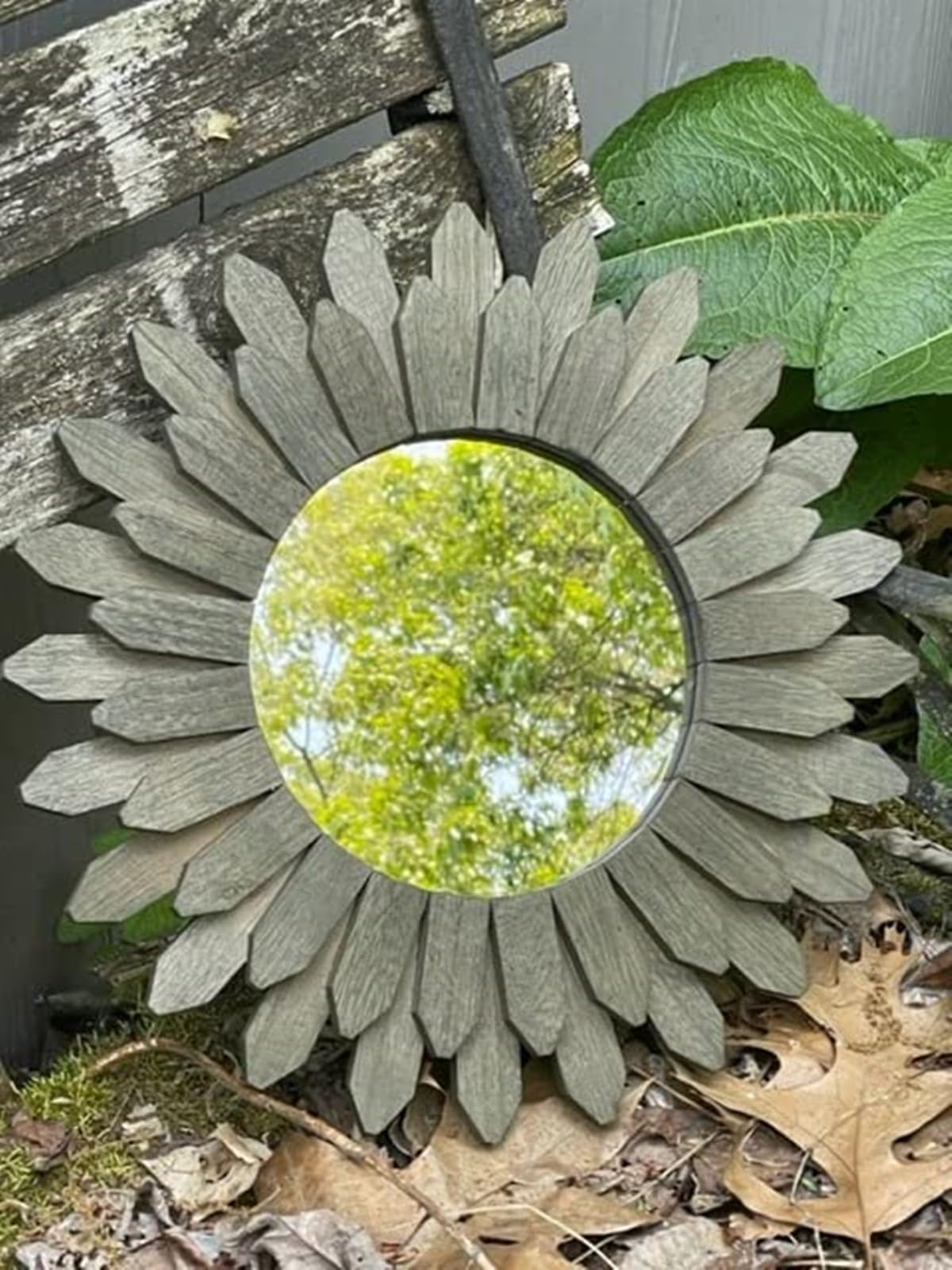 Honiway Farmhouse Wall Decor Mirror 12 inch Sunburst Boho Wood Mirror Rustic Home Decor Room Decoration for Bedroom Living Room Weathered Grey