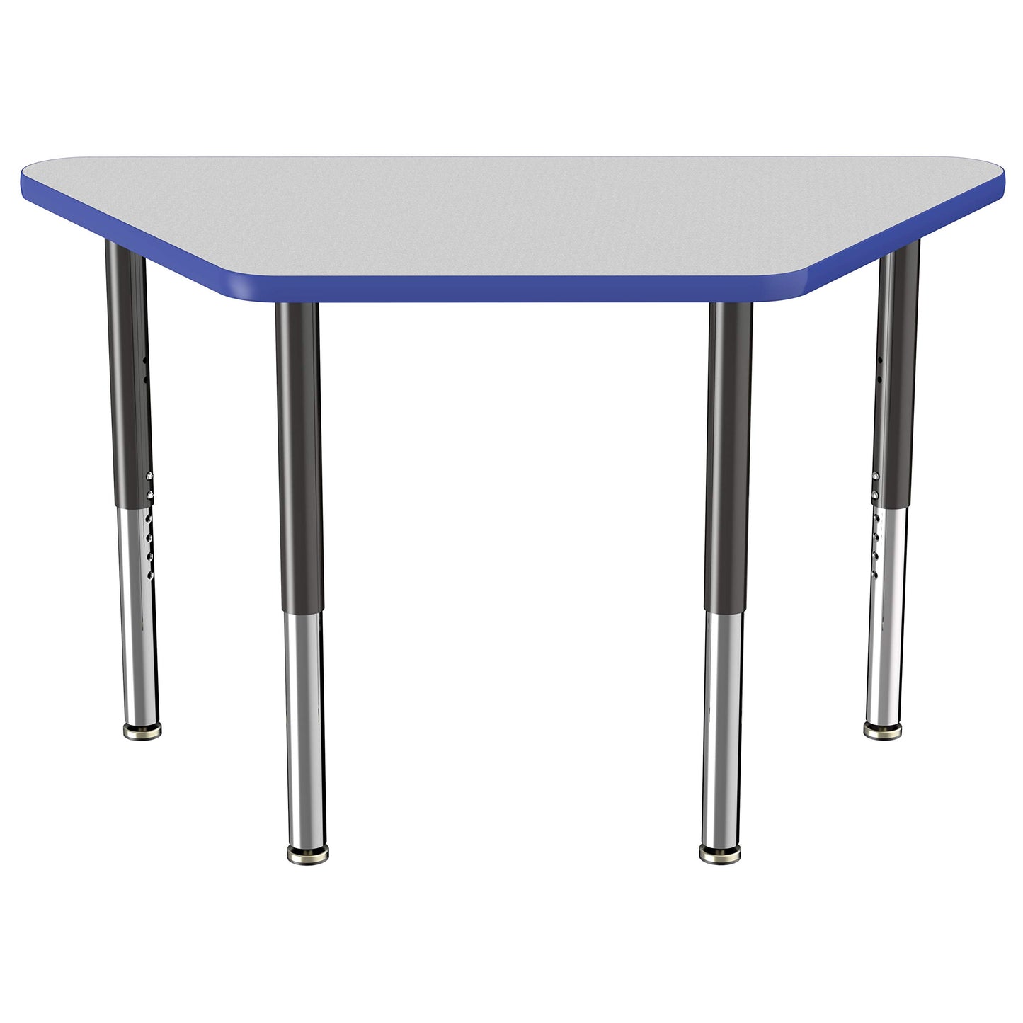 FDP Mobile Trapezoid Activity School and Office Table (24 x 48 inch), Super Legs with Glides and Casters for Collaborative Environments, Adjustable Height 19-30 inches - Gray Top and Blue Edge