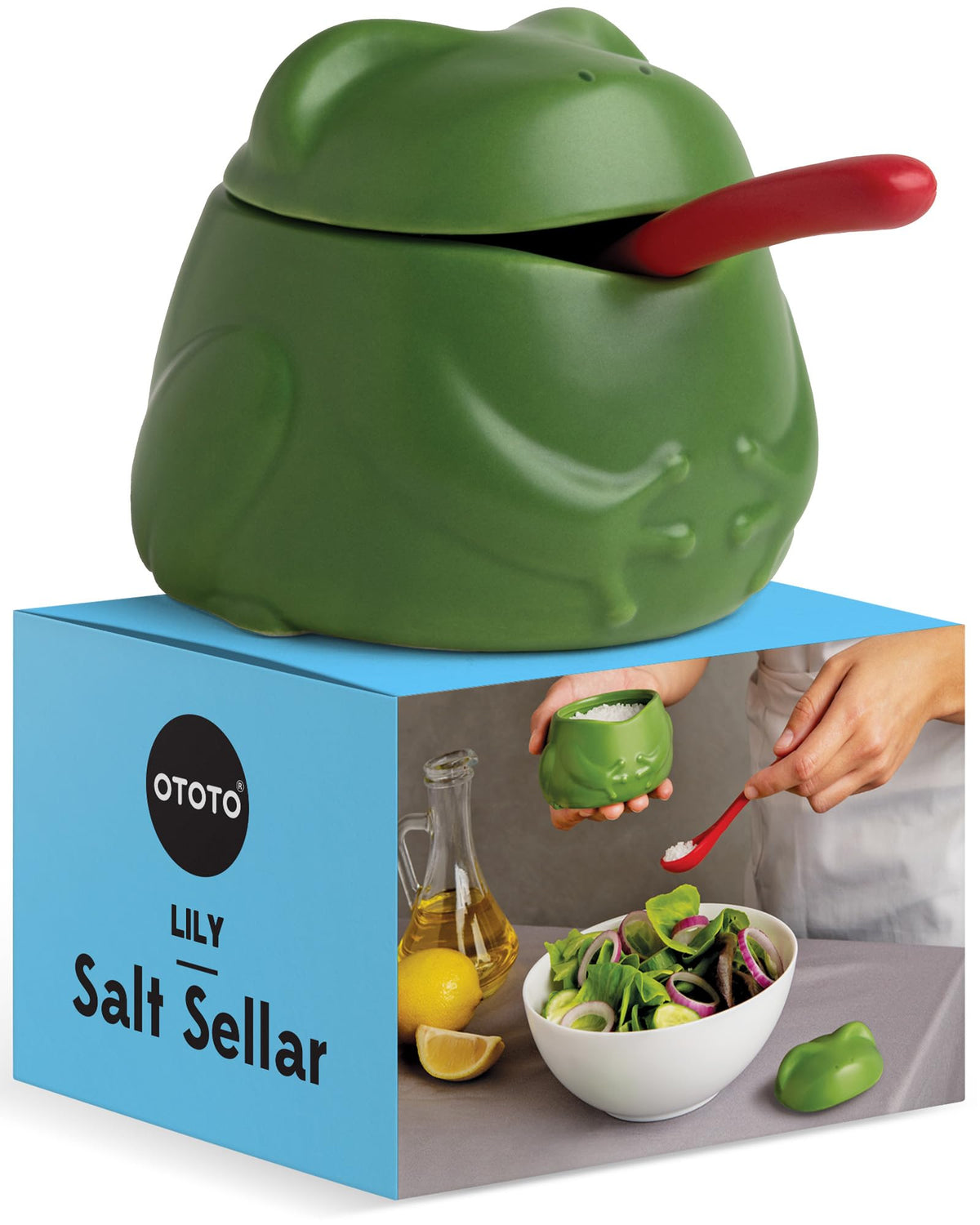 OTOTO NEW Lily Salt Cellar with Lid and Spoon - 6 oz Frog Salt Containers for Countertop, Ceramic Salt Holder with Lid for Sugar, Frog Stuff, White Elephant Gifts, Cute Gifts Accessories - Green