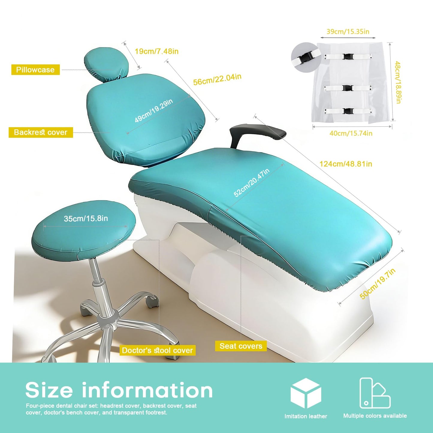 buyzg 5Pcs Dental Chair Covers Set - Waterproof & Non-Slip PU Leather Elastic Full Covers with Foot, Seat, Headrest & Backrest Protectors for Dental Clinic Chairs(Lake Blue)