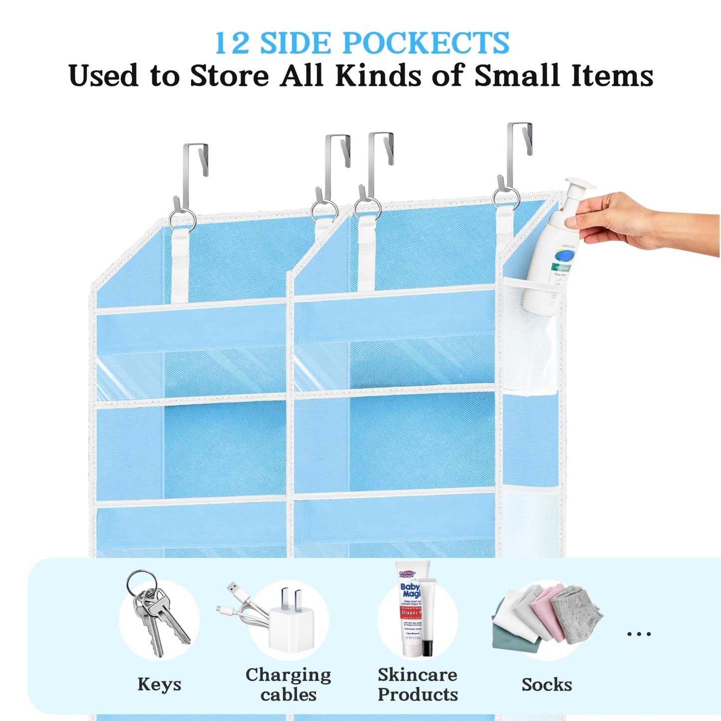 Over The Door Organizer 6 Tiers, Extra Large Behind Door Storage of 12 Compartments, 80 lbs Weight Capacity Hanging Storage Organizer with Clear Window Kids Toys,Shoes,Diapers,Room Storage,Blue