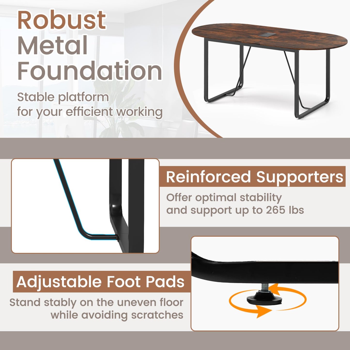 GOFLAME 71 Inches Executive Table, Oval Home Office Table with Cable Management Hole & Metal Frame, Seminar, Conference Table for 10 People, Large Business Furniture for Meeting Room