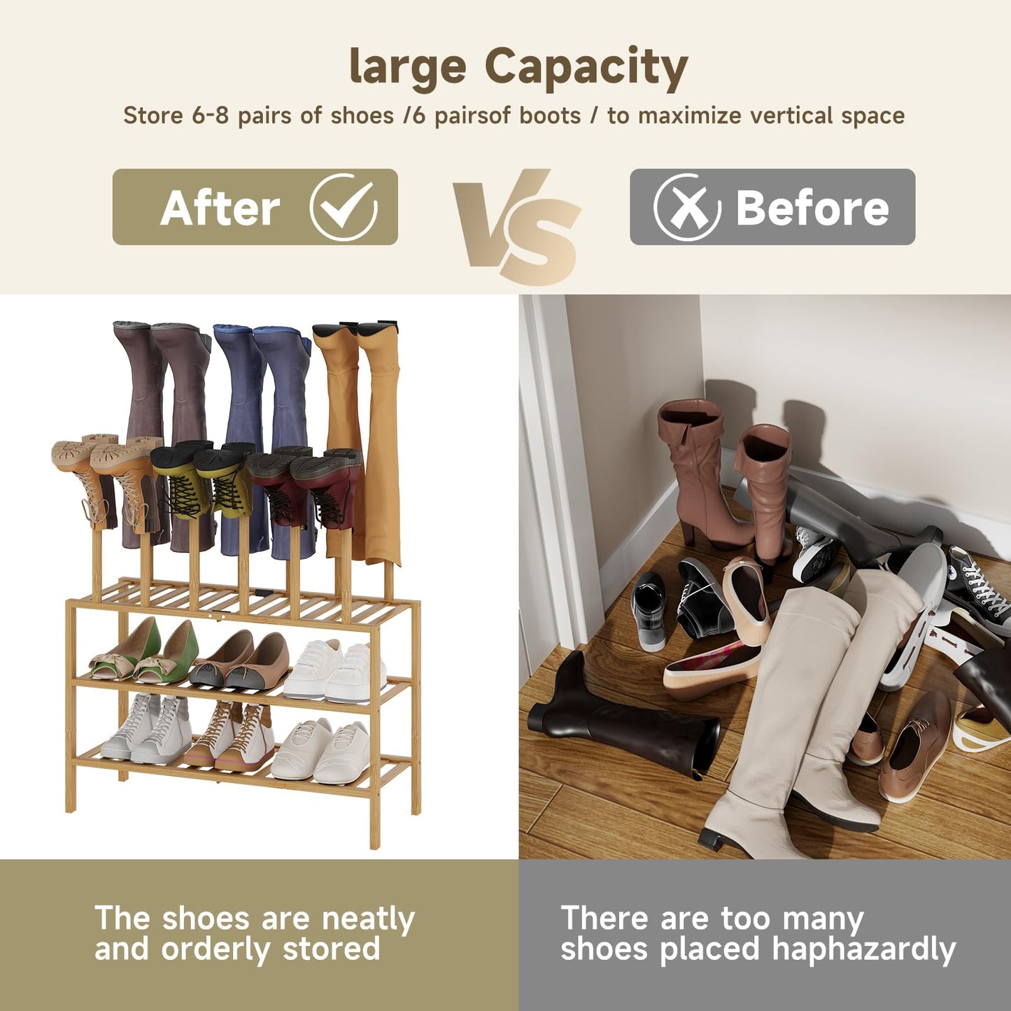 Vellzeyce Boot Rack for Tall Boots Organizer,3-Tier Multiuse Shoe Rack and Boot Storage Rack,for Tall Boots,Sneakers,High-Heel (Natrual, 3-Tier)