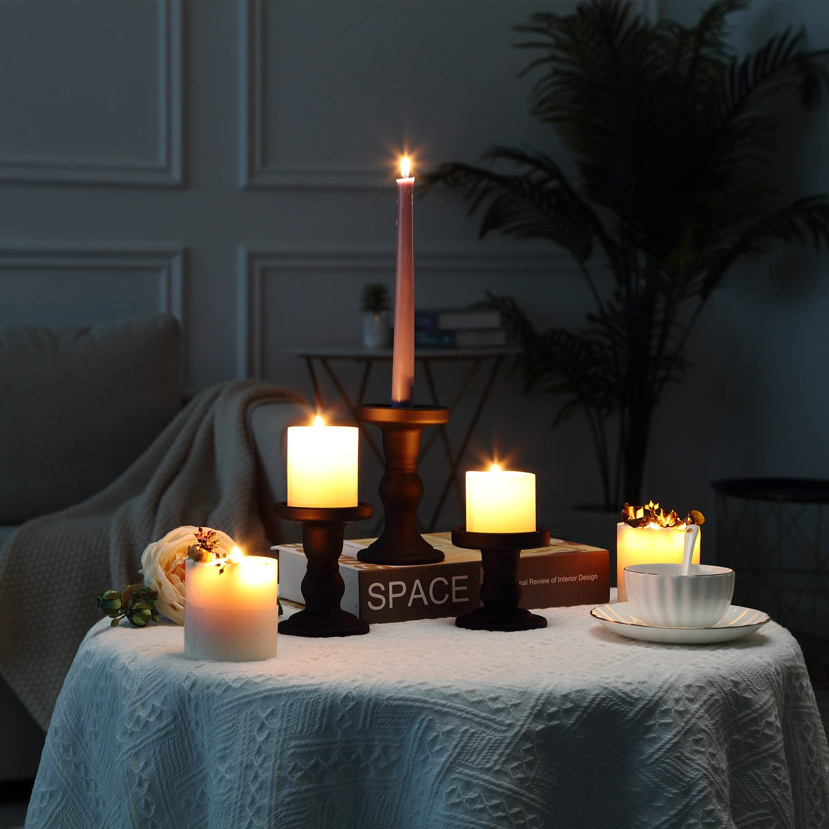 GMWD 3 Pcs Black Glass Candle Holder Set Clear, Candlesticks Holders Pillar Taper Candles Tealight Stand for Wedding Centerpieces Home Decorations Dining Table
