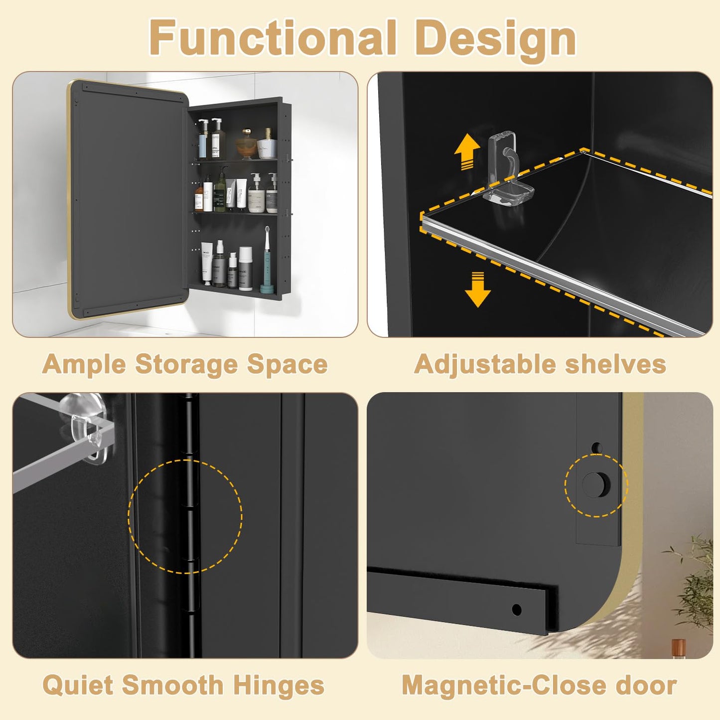 Venlus Gold Framed Medicine Cabinet with Mirror, 16x24 Inch Fully Assembled Recessed or Surface Mount Bathroom Medicine Cabinet, Black Metal Cabinet with Adjustable Glass Shelves