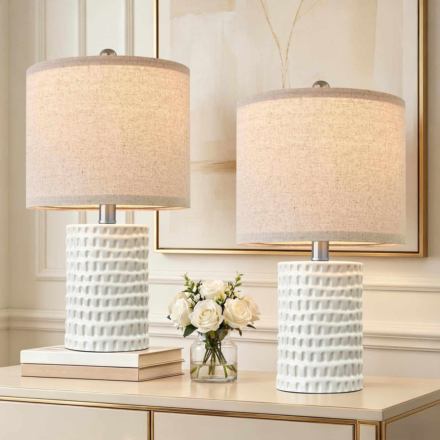 PORTRES 18.25" Modern Accent Ceramic Table Lamp Set of 2 for Bedroom White Desk Decor Bedside Lamps for Living Room Study Room Office Dorm Farmhouse Nightstand Lamp End Table Lamps
