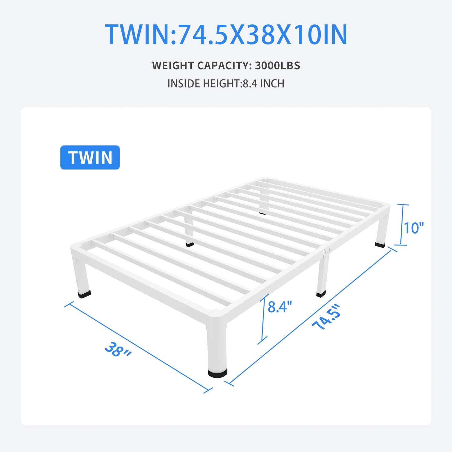 MAF 10 Inch Twin Bed Frames White with Round Corner Legs Mattress Slide Stopper No Box Spring Needed Heavy Duty Metal Platform Bed Frame Under-Bed Storage Space, 3000 LBS Steel Slats Support