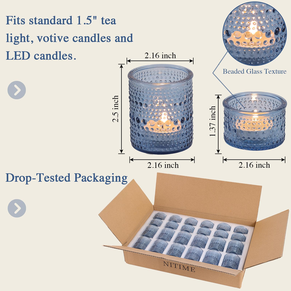NITIME Blue Glass Votive Candle Holders Set of 24, Assorted Heights Polka Dot Tealight Candle Holders for Table Centerpiece, Blue Candle Holder Decor for Wedding, Baby Shower Party & Spa