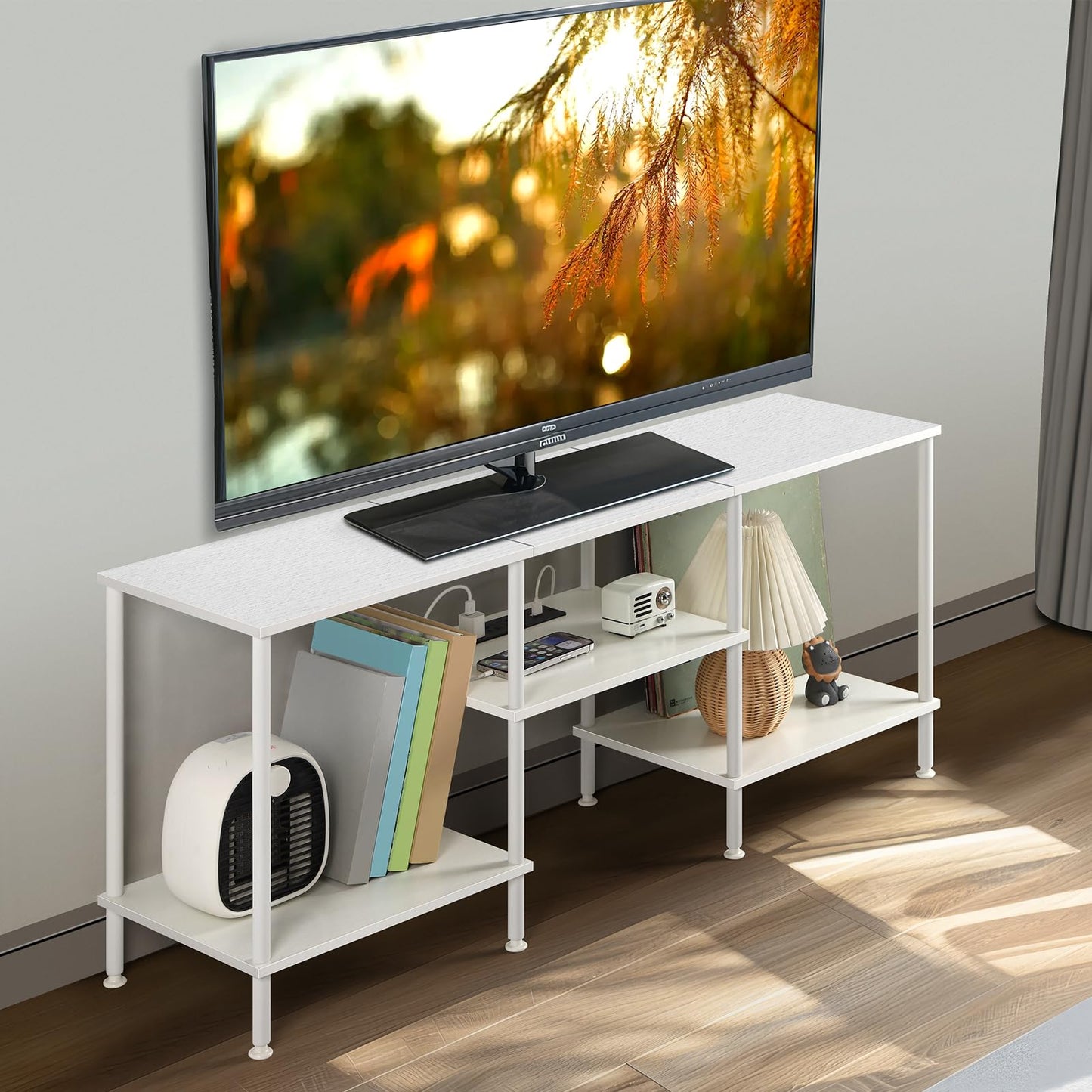 White TV Stand Bedroom with Power Outlets, Small Entertainment Center Stand with Open Storage Shelves for TVs up to 50 Inch, Wood TV Media Console Table with for Living Room, Bedroom