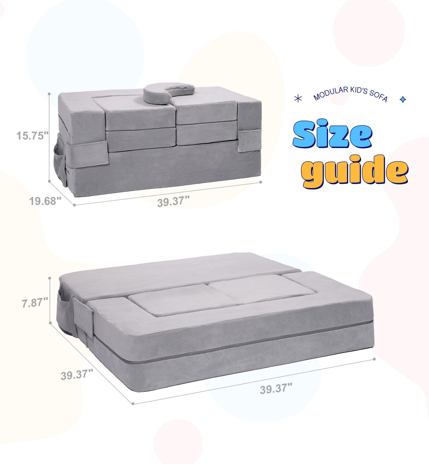 Elftopia Modular Kids Sofa,Toddler Couch Foam Armchair for Kids, Children Convertible Plush Sofa Play Set,Fold Out SofaBed(Grey)