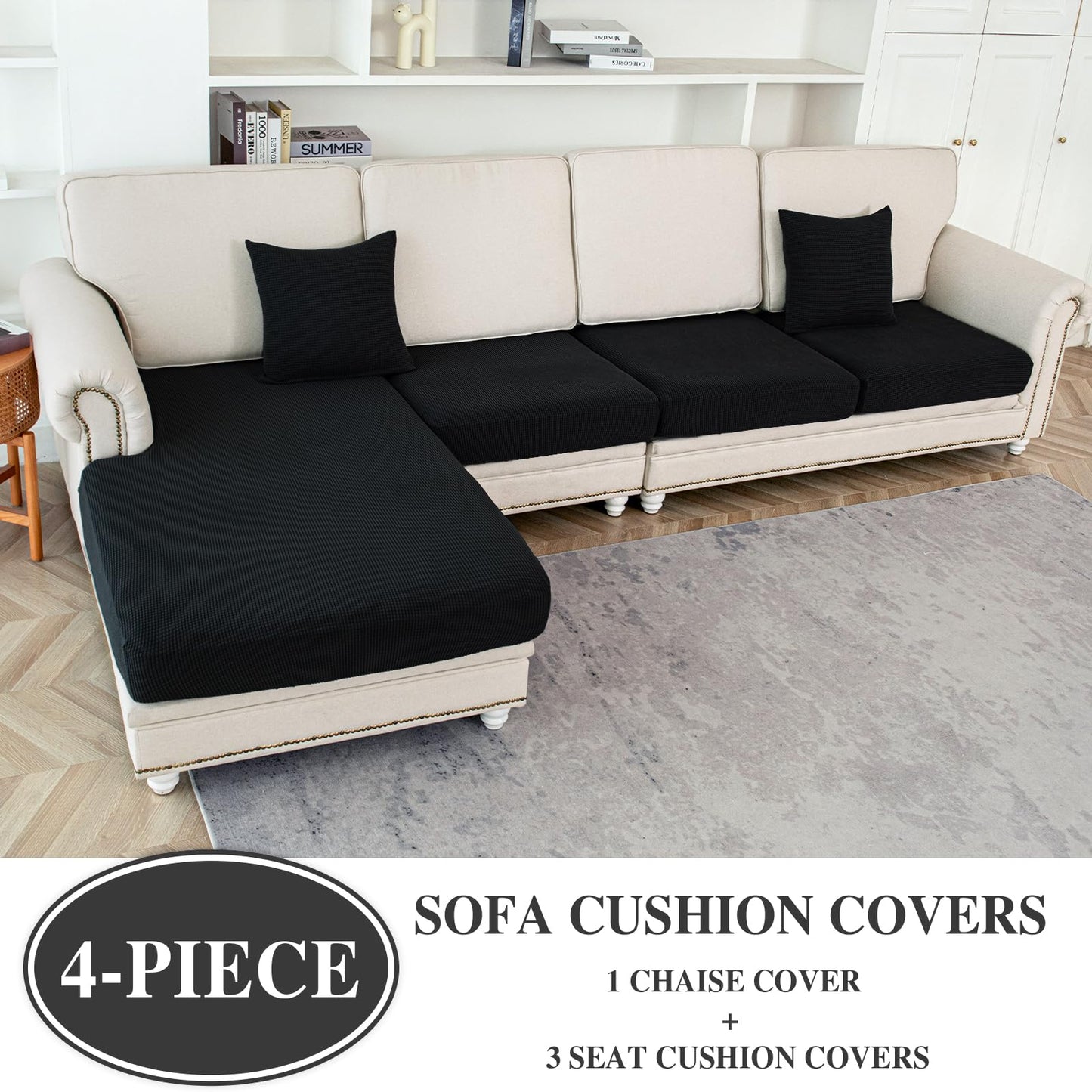 LA MEACK Couch Cushion Covers for Sectional Sofa L Shape Washable Separate Seat Chaise Couch Cover Stretch Sofa Slipcovers with 2 Pcs Pillowcases(3 Seater + 1 Chaise, Black)