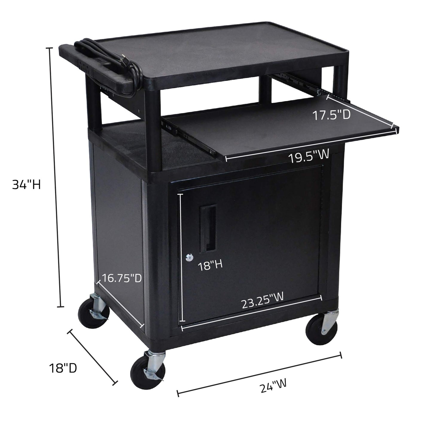 LUXOR LP34CLE-B AV Cart - 3 Shelves Cabinet Front Pullout