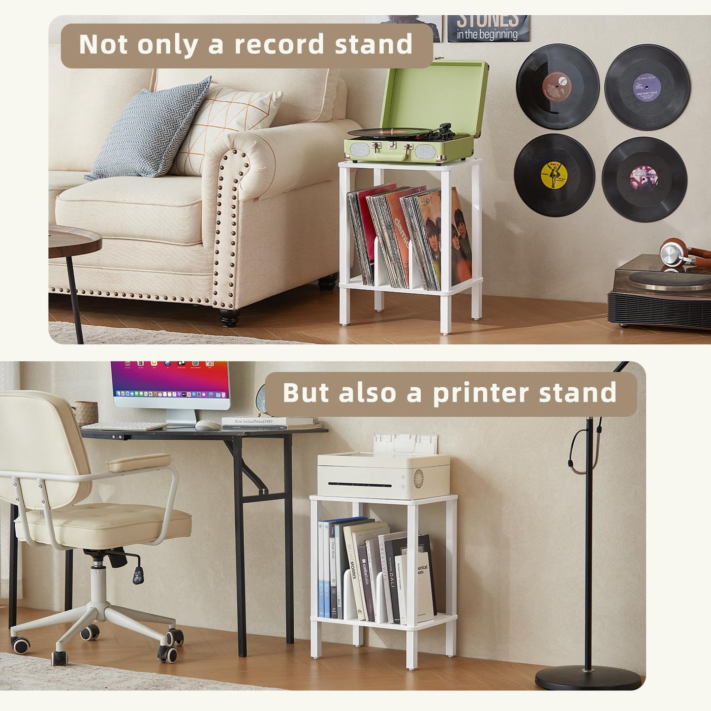 LELELINKY 2-Tier Record Player Stand with Vinyl Record Storage up to 100 Albums, Bedroom Record Holder and Multi-Functional End Table for Living Room, White