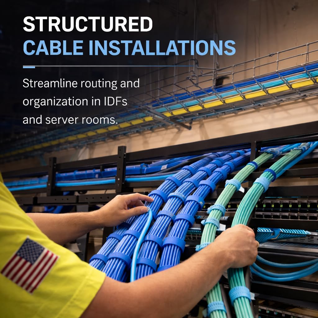 10 Self-gripping Rolls Designed for IDF, Server Racks & Data Centers | Structured Cabling | Cable Wrap for Fiber Optic Cable and Tenecom Cable System Installs (Black)