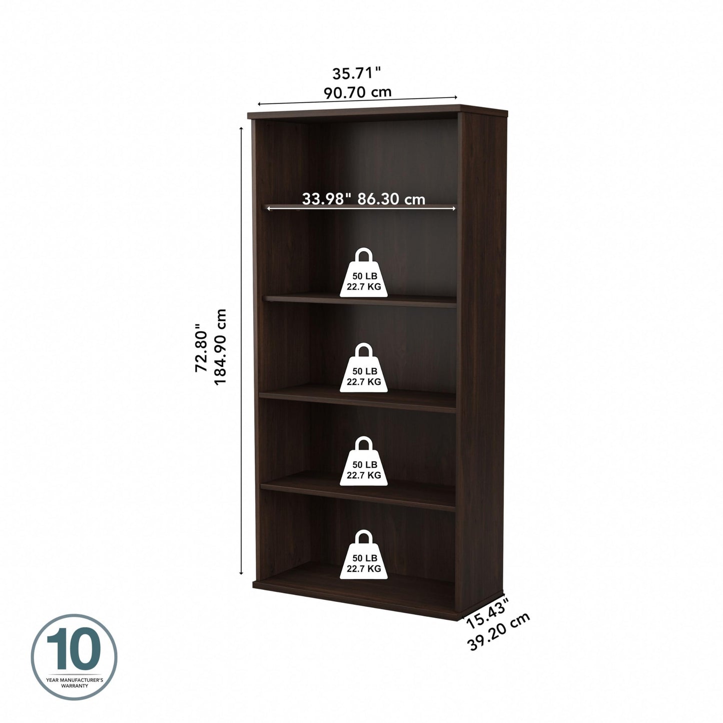 Bush Business Furniture Studio C Tall 5 Shelf Bookcase in Black Walnut, Large Bookshelf for Home or Professional Workplace Organization