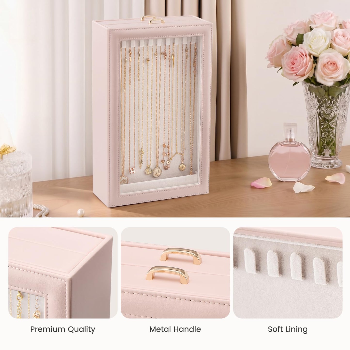 Lolalet Necklace Organizer Box, Jewelry Storage Box with Clear Window for Necklaces Bracelets, Tangle-Free Necklace Display Case for Women Girls, Pink, 2 Layers 20 Hooks