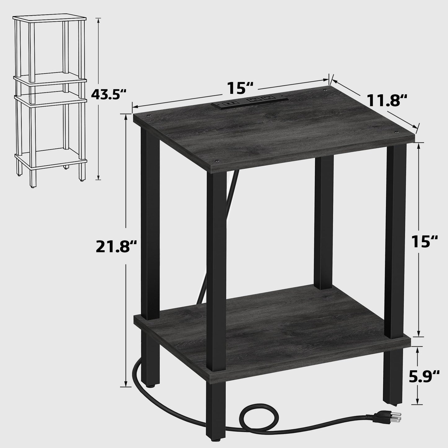 TUTOTAK End Table with Charging Station, Small Side Table with Outlets, Nightstand Bedside Table, 2-Tier Storage Shelf for Small Space, Living Room, Bedroom, Charcoal Grey TB01BY040