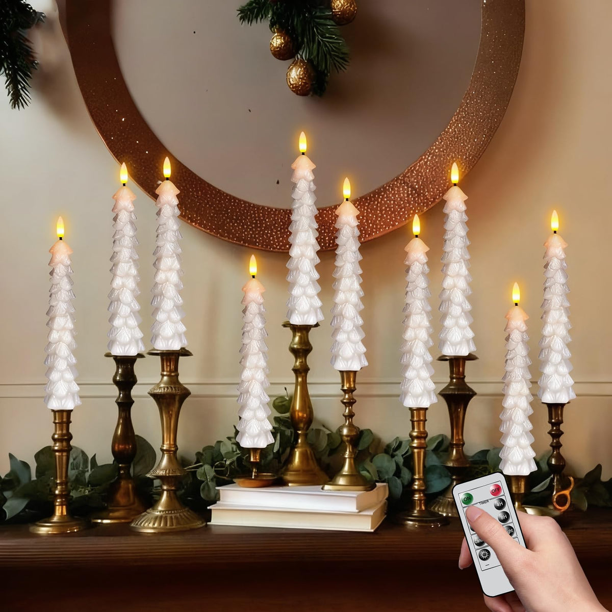 GenSwin Christmas Tree Flameless Candles with Remote Timer, White Christmas Tree LED Taper Candles with 3D Flickering Flame, 4 Pcs LED Candlesticks for Christmas Winter Home Decoration(0.78” x 9.8”)