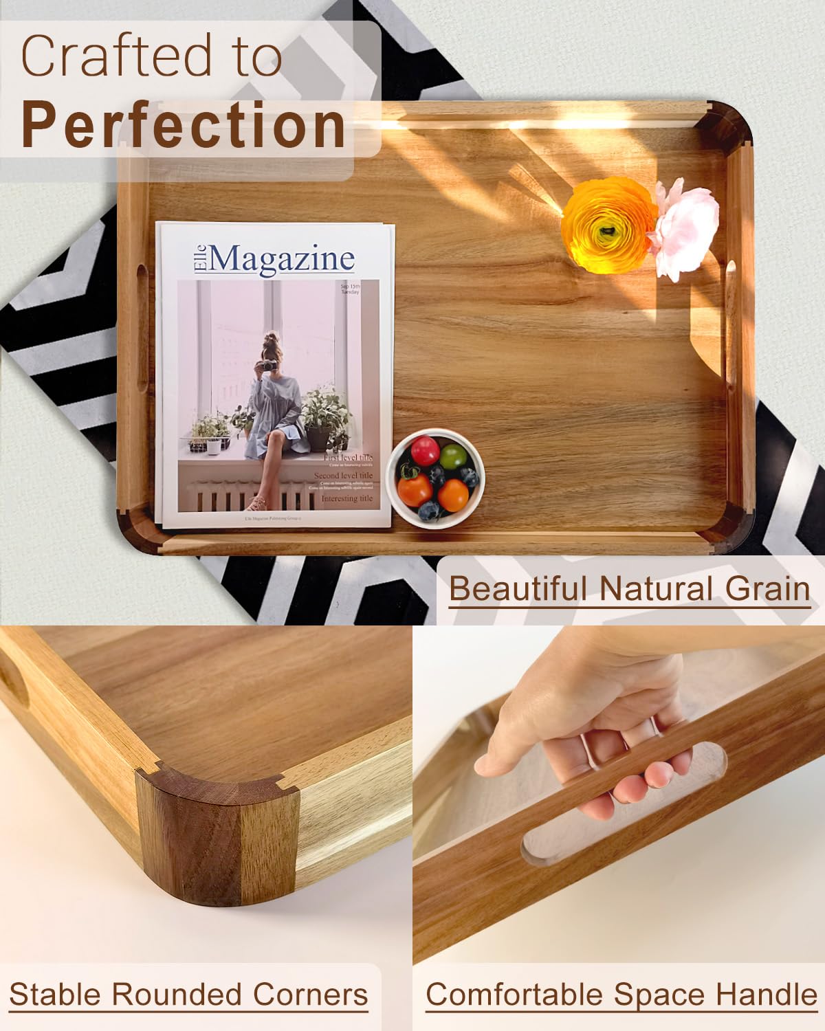 22 inches Acacia Wood Ottoman Serving Tray with Handles & Rounded Corners