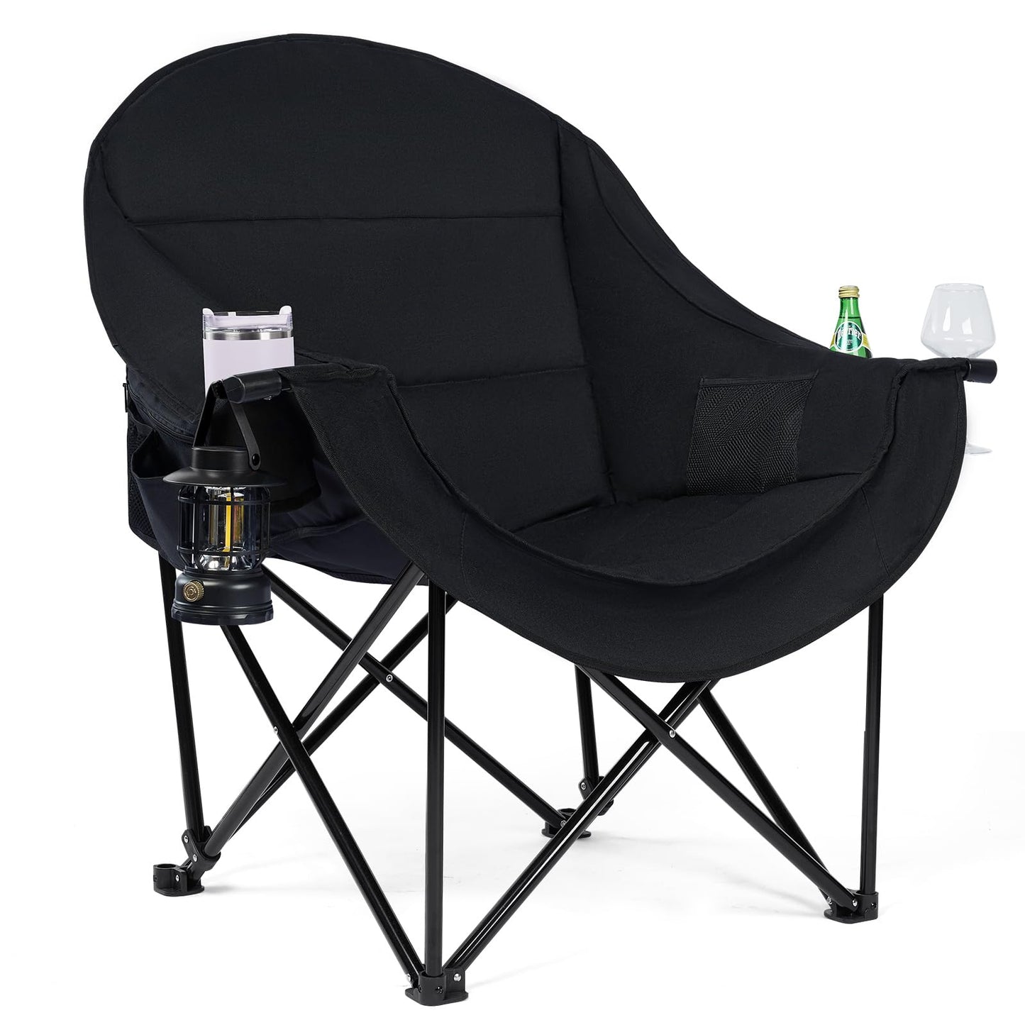 Oversized Camping Chairs for Adult - Heavy Duty Padded Portable Folding Chair XL Collapsible Camp Chair with Cup Holder Side Pocket for Outdoor Lawn Beach Sport Fishing Support 500LBS, Black