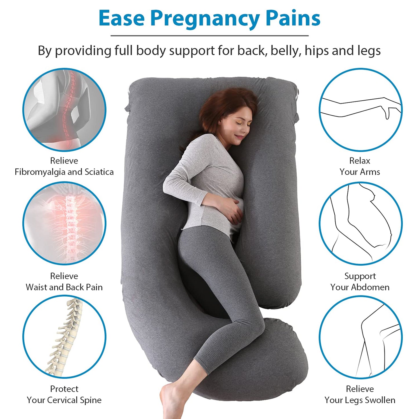 BATTOP Pregnancy Pillow for Sleeping, Full Body Pillow for Pregnancy Women with Removable Cover, 57 Inch Maternity Pillow, Support for Back, Legs, Belly, Hips（Black Drey）