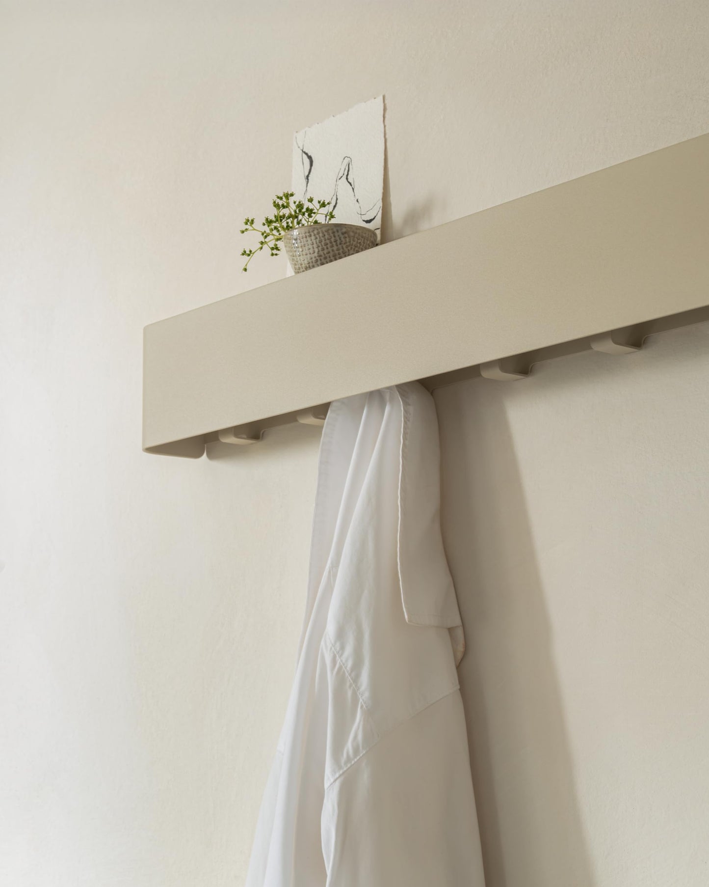Kazai. Coat Rack Wall Mount with Shelf 'Tone' | Modern Design Coat Hanger with Hidden Hooks and Storage | Hat Rack with Shelf in Metal | Wall-Mounted Purse Organizer | Sand Taupe