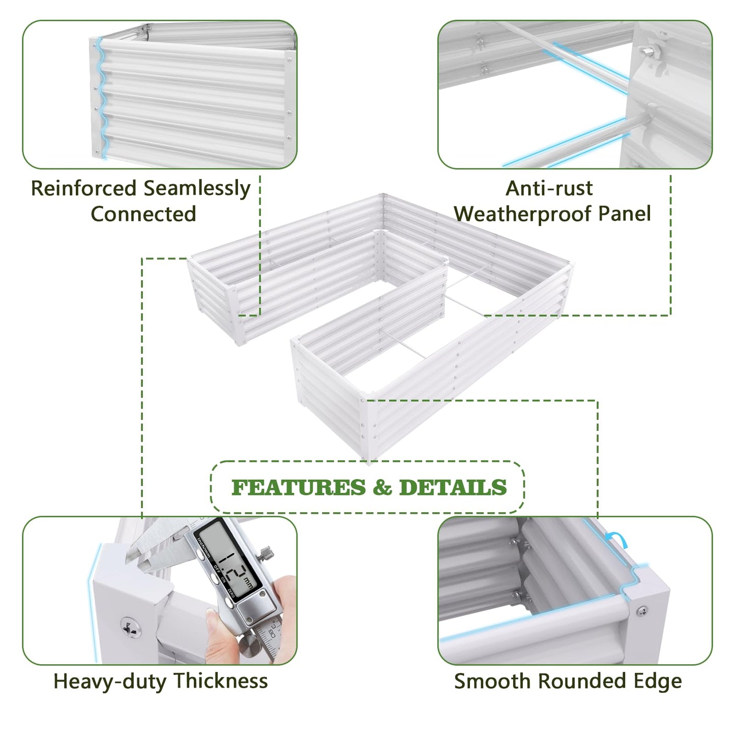 A ANLEOLIFE U-Shaped Outdoor Galvanized Raised Garden Bed, 6x6x1.5ft, Center-Access Bottomless Planter Box, 22-Gauge Corrugated Metal, Reinforced Bracing Rods, Antique White
