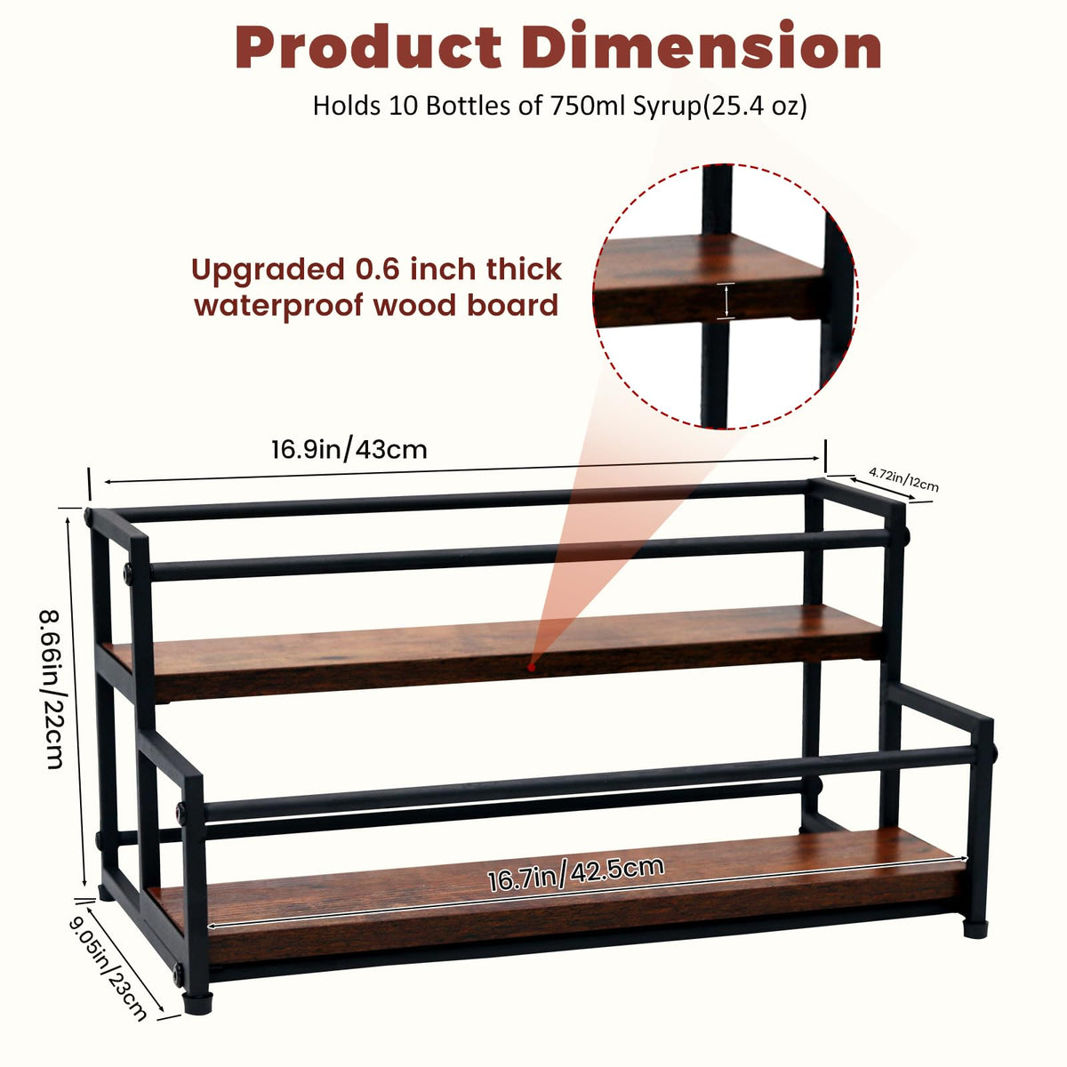 HRUSGO Coffee Syrup Rack Organizer - Metal Bottle Holder for 10 Bottles – Rustic Countertop Display Shelf for Coffee Bar, Kitchen Cabinet, Pantry Storage for Syrups, Liquor, Spice, Tea & Wine (2-Tier)