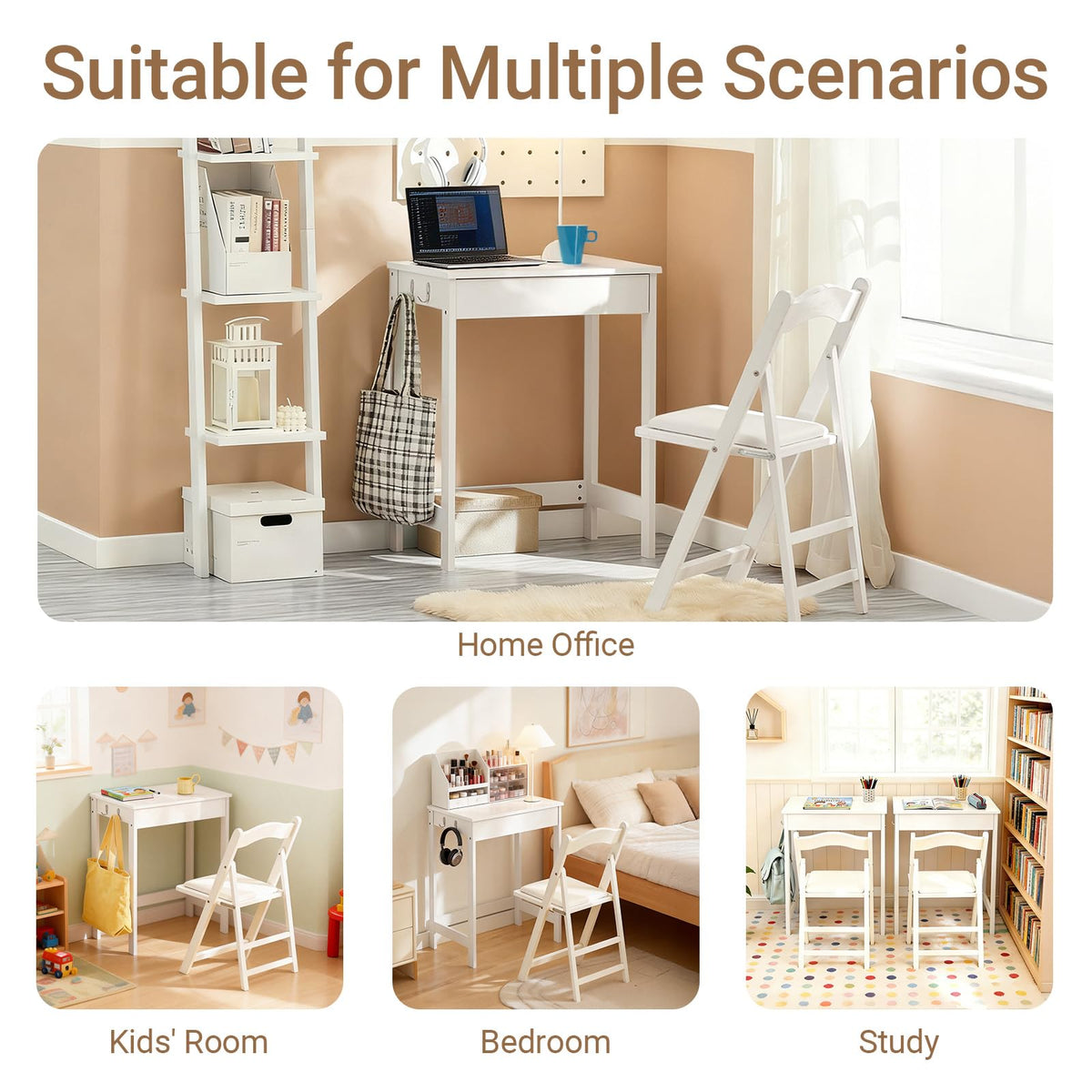 Haotian Small Desk with Drawers, Mini Writing Table, Vanity Table Computer Workstation Children Teenagers Desk with Hooks, White FWT43-W