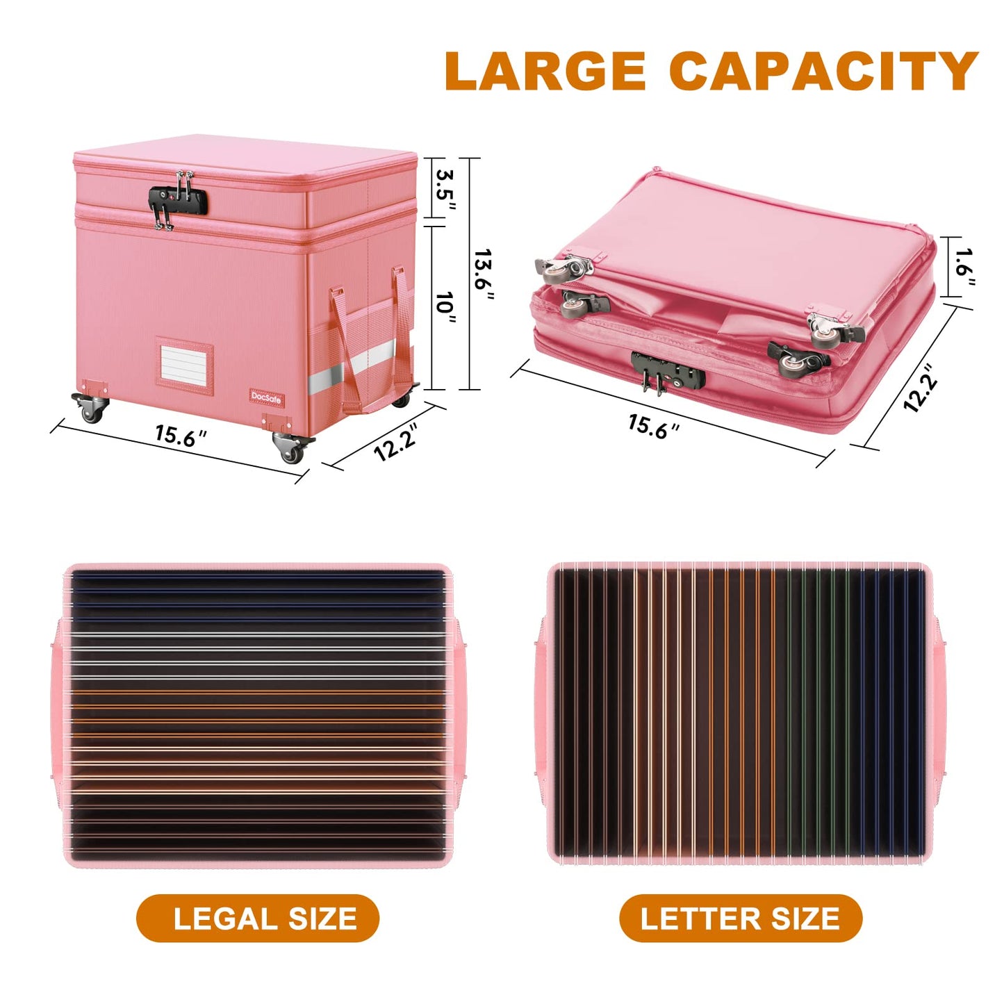 DocSafe File Box with Lock,2-Layer Fireproof Document Box with Wheels,Collapsible Rolling File Storage Organizer with Pockets,Large Portable Home Office Filing Cabinet Safe for Hanging Folders,Pink