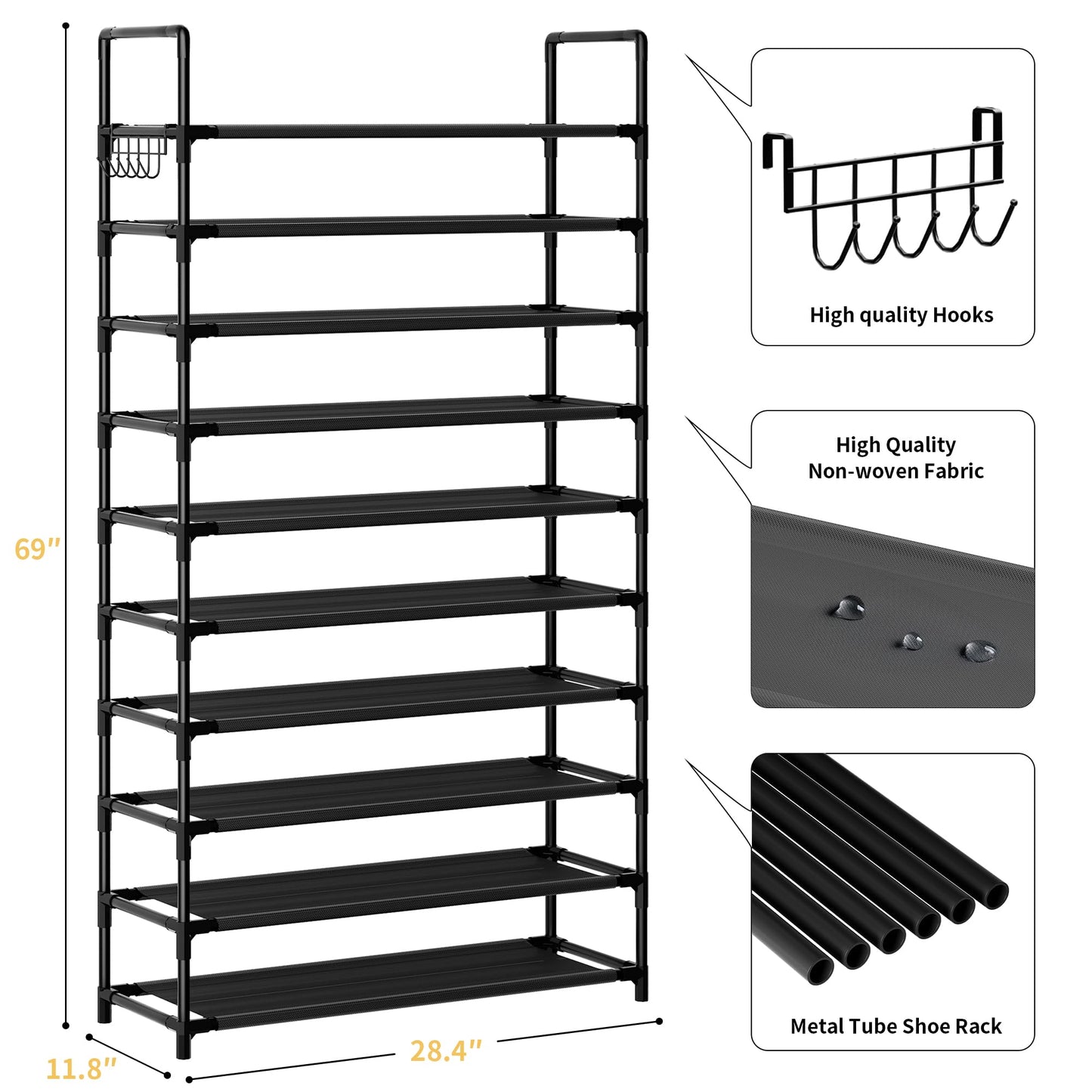 SRRSO Shoe Rack, 10 Tier Shoe Storage Organizer with Hooks,Fit 40-45 Pairs Shoes,Nonwoven Fabric Tall Shoe Shelf for Closet,Entryway, Hallway,Garage,Bedroom,Cloakroom