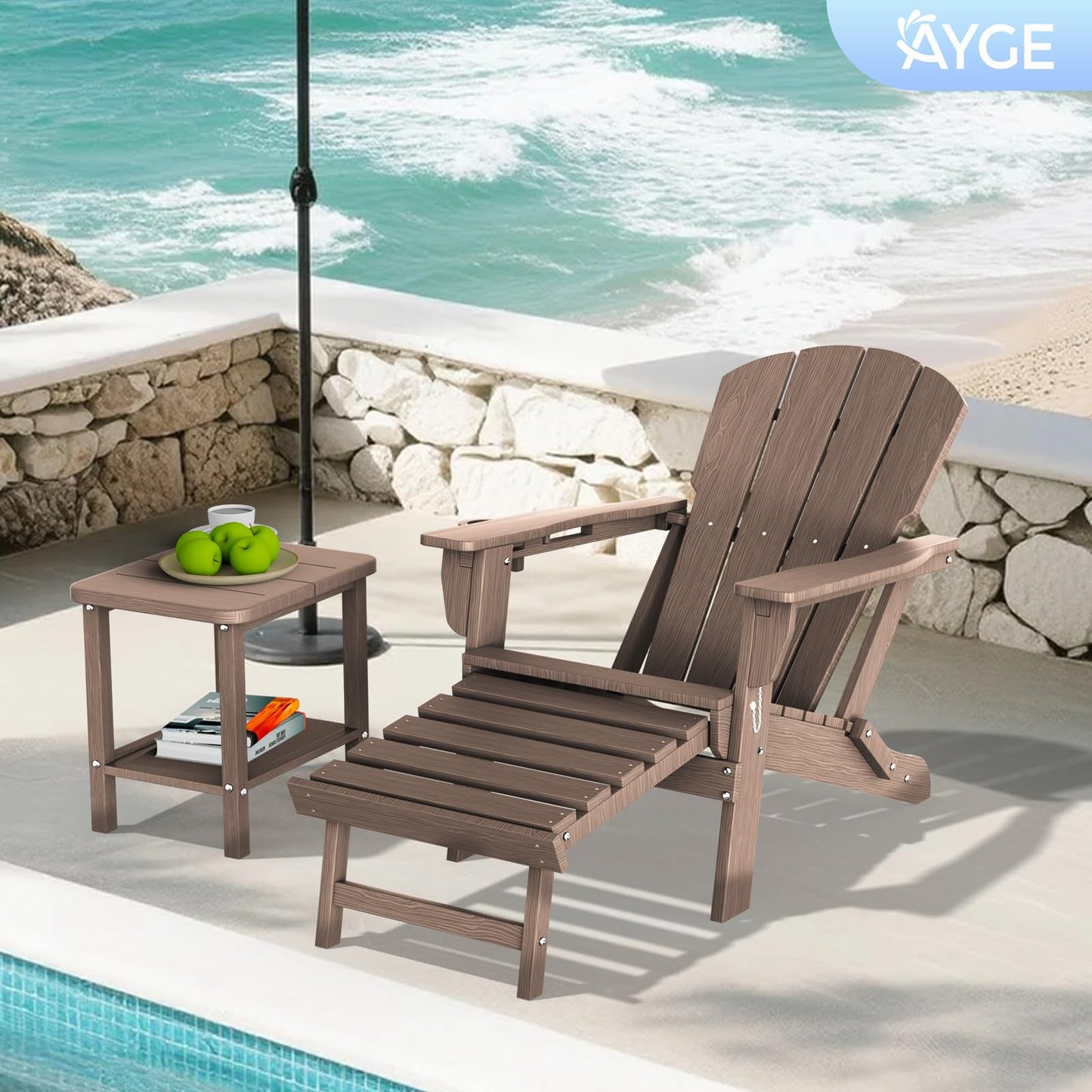 Ayge 17.7" Double Outdoor Side Table, Rectangular HDPE Adirondack End Table for Patio, Lawn, Pool, Garden, Backyard，Brown