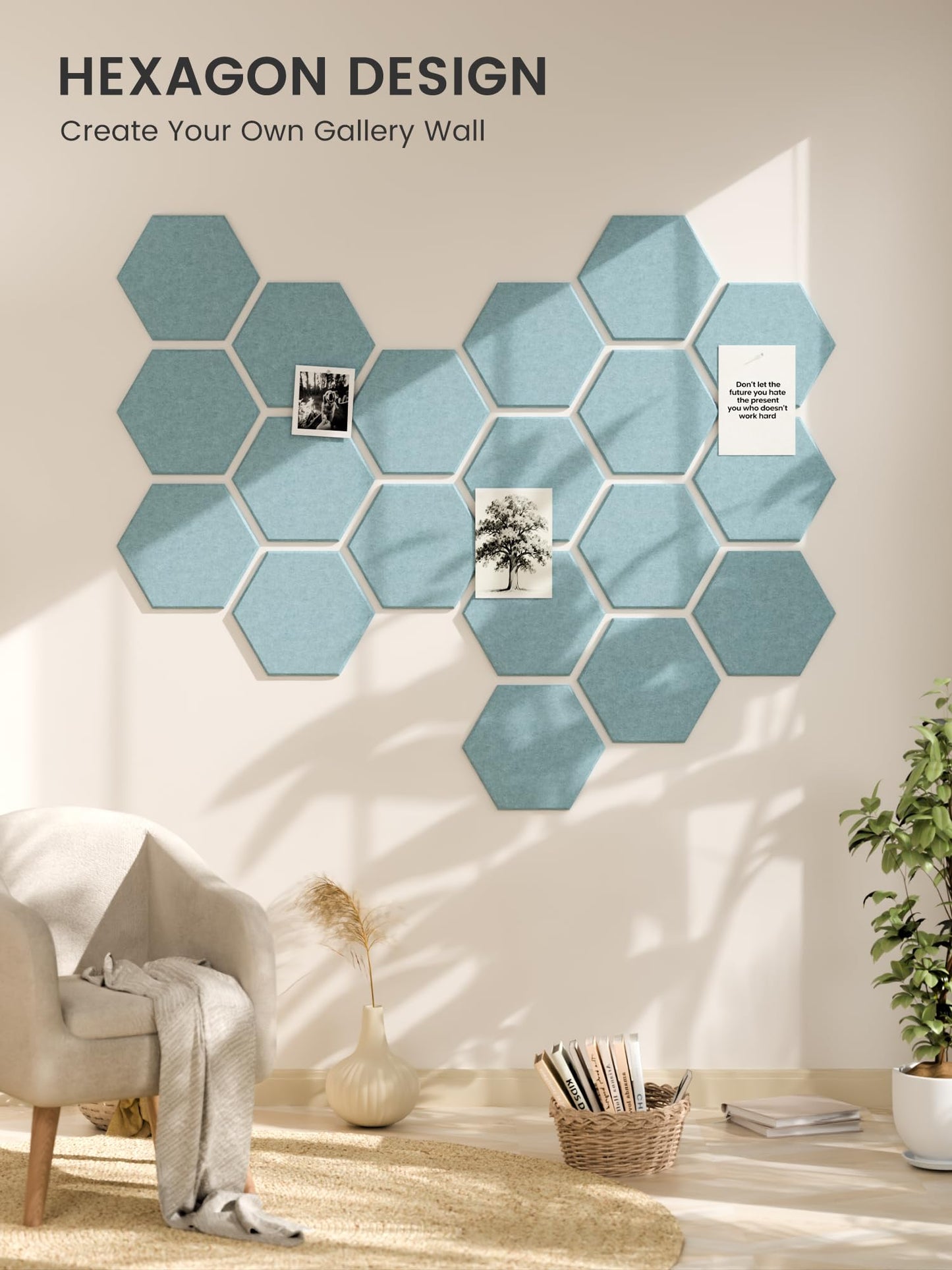 Fluxynara Hexagon Cork Board Alternative for Walls Decor-12-Pack Felt Bulletin Board Tiles,with 30 Pushpins,70 Adhesive Tabs for Office,Classrooms & Home Pin Board Felt Board-Teal Blue